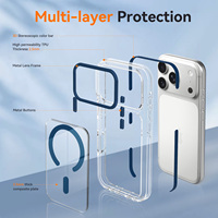 Coque de téléphone magnétique haute transparence pour iPhone 17 18 Pro avec cadre d'objectif en métal bleu, touches métalliques personnalisées, protection antichoc transparente