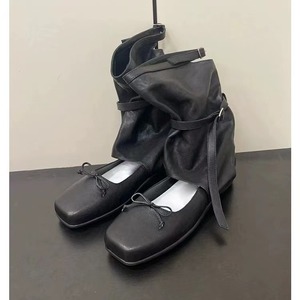 Black Genuine Leather Square Toe Ballet Flats <b>With</b> Adjustable Strap And <b>Bow</b> Decoration Slip-On Flat <b>Shoes</b> For Women - Product Image 4