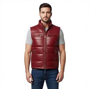 <b>Men's</b> <b>Red</b> PU Leather Stand Collar Puffer <b>Vest</b> With Zipper Closure Windproof Casual Winter Outerwear 100% Polyester - Product Image 1
