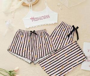 Ensemble de pyjama trois pièces pour femmes, respirant, en polyester imprimé, sans manches, taille élastique, <span class=keywords><strong>pantalon</strong></span> long décontracté d'été - Product Image 3
