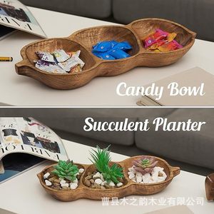 Wooden Pea Shaped Compartment <b>Tray</b> 3 Sections For Snacks Fruit Home Living Room Desktop Use - Product Image 2