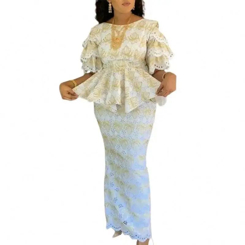 女性のためのアフリカの結婚披露宴の服秋のアフリカのエレガントなハーフスリーブ2ピーストップロングスカートマッチングセットアフリカの服