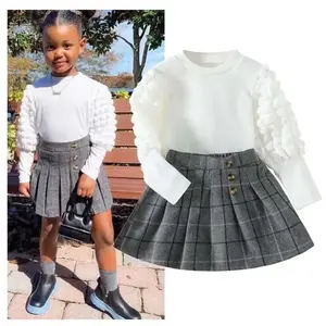 A420 Fashion Little Girls Clothes set 1-6y Ruffles Sleeve T-shirt a coste + gonne a vita alta 2 pezzi Outfit 2022 nuovo