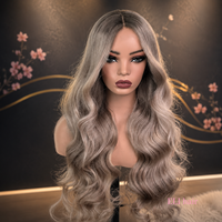 Peluca rubia europea estilo Ombre Milk Tea con cabello de bebé rubio ceniza, densidad pre-estilizada, ondas corporales, raíces marrones, pelucas de cabello humano para mujer.