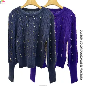 Sweter Pullover wanita, campuran wol akrilik kerah Crewneck lengan Puff cocok untuk wanita dengan manik-manik