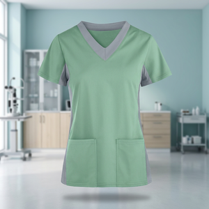 Women's V-Neck Scrub <b>Top</b> Green With Gray Accents Short Sleeve Two Front Pockets Hospital Uniform Wear - Product Image 4