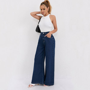 Jeans transfrontaliers - Pantalon en <span class=keywords><strong>jean</strong></span> taille haute <span class=keywords><strong>bleu</strong></span> foncé pour femme, coupe évasée, amincissant, longueur ras du sol, tendance et polyvalent - Product Image 1