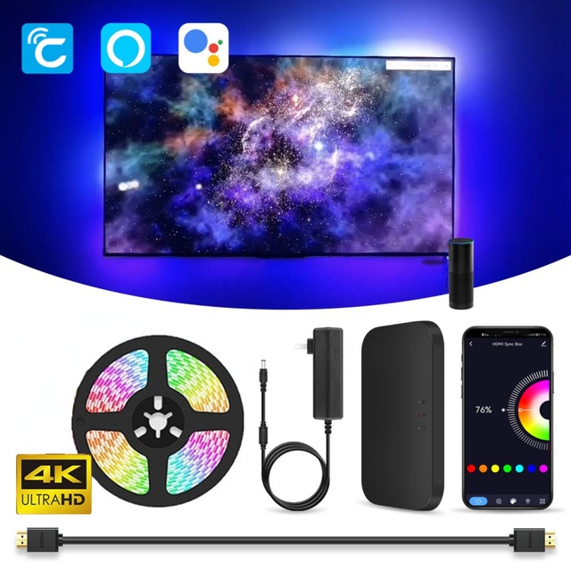 HDMI Sync TV LED Backlights TV Strip Lights with HDMI 2.0 Sync Box Sync with TV and Music 4K HDR Support HDMI Strip