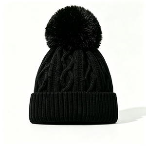 Bonnet en tricot rayé avec logo personnalisé ACE, pompon en fausse fourrure, design imprimé, 100% acrylique, unisexe, bonnet d'hiver - Product Image 5