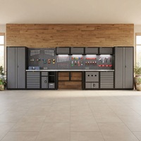 Garage en acier en forme de L personnalisable OEM à 10 modules avec îlot de travail, armoire d'angle, panneau perforé et éclairage LED