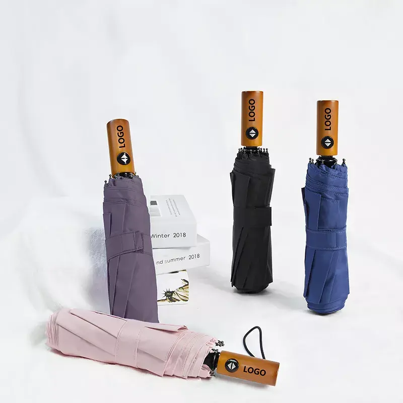 Высокое качество, купить оптом, деревянная ручка, 3 складных зонта, автоматическое открытие и закрытие, индивидуальный логотип для солнечного и дождливого