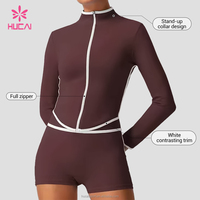 Chaqueta Deportiva Personalizada HUCAI, Ajustada, de Spandex y Nailon, con Cuello Alto, para Yoga, Gimnasio, Entrenamiento, para Mujer, con Ribete en Contraste y Cierre Completo