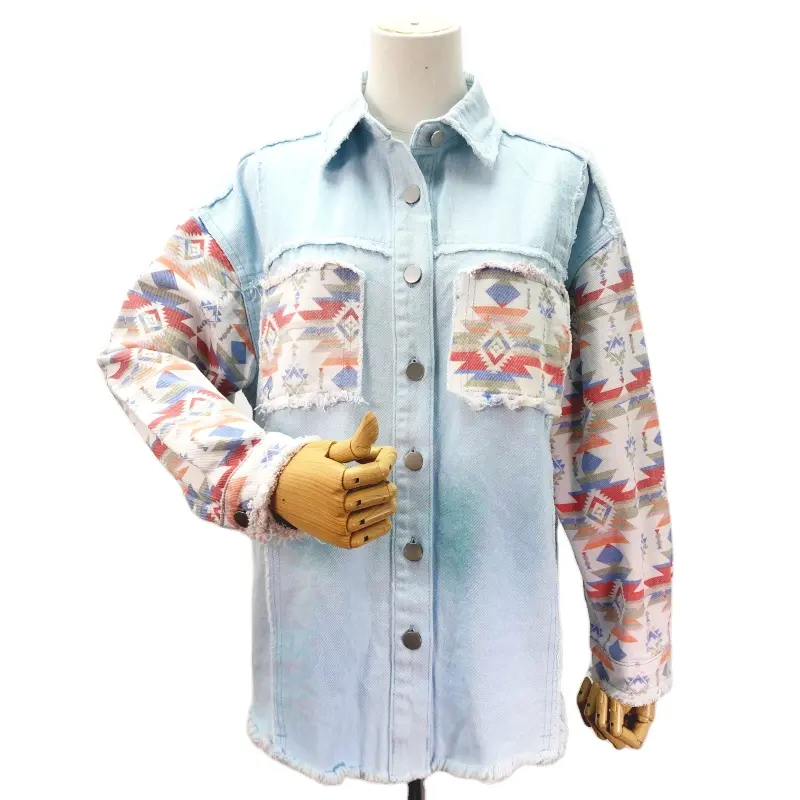 Light Blue Pocket Long Sleeve Tassel Oversized Aztec Patchwork Denim Jean Jacket Coat For Women