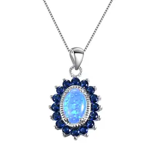 Big Oval Stone Blue Fire Opal Pendant Necklaces For Women 925 Silver Engagement Necklace Female Wedding Jewelry
