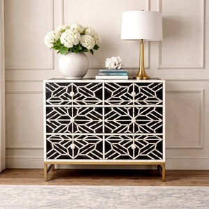 Console de rangement décorative en os incrusté, noir et blanc, avec tiroirs géométriques, pour salon et entrée - Product Image 1