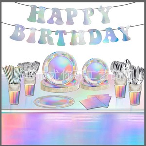 Rainbow Laser Party Tableware Set 60-80 Pcs Disposable Plates Cups Cutlery <b>Tablecloth</b> Birthday Decoration - Product Image 5