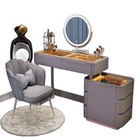 Coiffeuse moderne en bois massif avec miroir LED et tiroirs, et lampe panoramique pour chambre à coucher