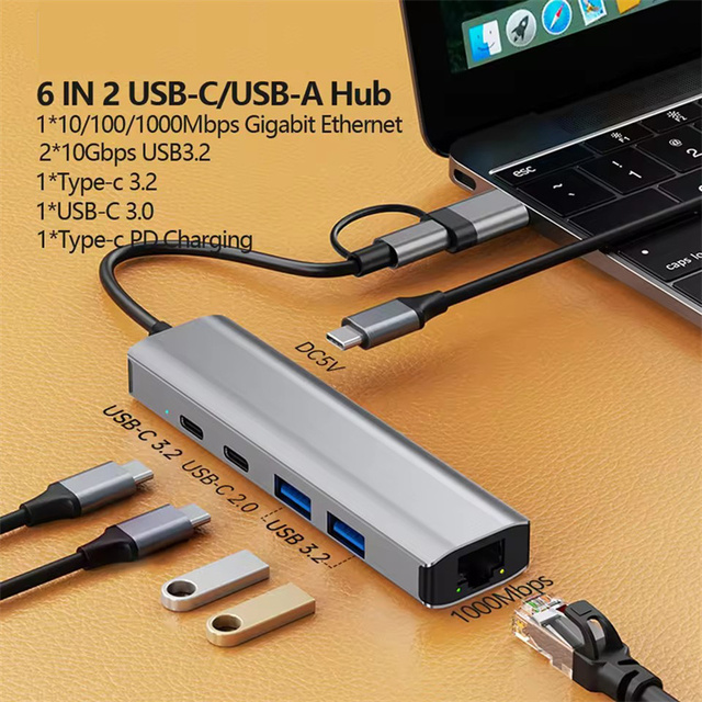 10Gbps USB C Hub Ethernet 6 in 2 Type-c/USB-A to 1000Mbps RJ45 Lan 2-Port USB 3.2 Gigabit Network Card With Type-c Charging