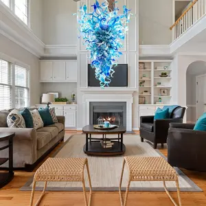 Lámpara colgante de hotel Victoriano de lujo para sala de estar, candelabro de vidrio soplado moderno de color azul
