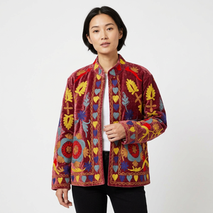 Veste pour femme en velours de coton brodé à la main, col rond, manches longues, motif floral rayé, écologique, hiver, printemps, automne - Product Image 1