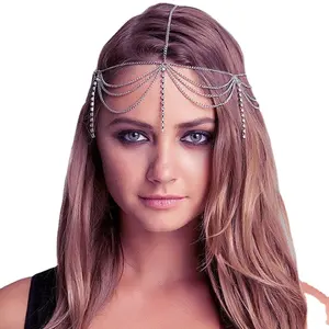 OEM Cheap Women Hair Accessories Color Gold Color layered Rhinestone Head Chains Harness Body Wedding Tiaras Jewelry Headdress