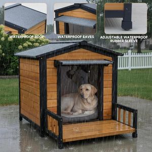 Nichoir moderne en bois pour chien avec porche extérieur, toit résistant aux intempéries, porte transparente écologique, pour chiens de taille moyenne, gris - Product Image 4
