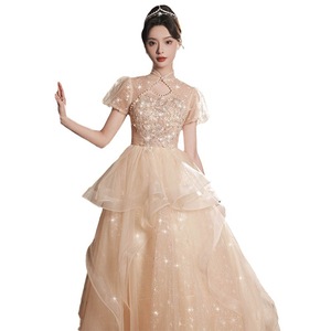 Champagne Cheongsam Evening Dress High Neck Empire Waist 3D Stereoscopic Patterns Chinoiserie Coming Of Age Ceremony Gown - Product Image 5