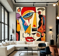 Peinture à l'huile cubiste figurative sur toile, peinte à la main, à l'impasto, visages géométriques, multicolore vibrante, art abstrait rétro texturé
