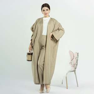 Linen Open Abaya Turkey 2pcs Set Modest Fashion Muslim Set Top <strong>and</strong> Pants Islamic <strong>Clothing</strong> - Product Image 3