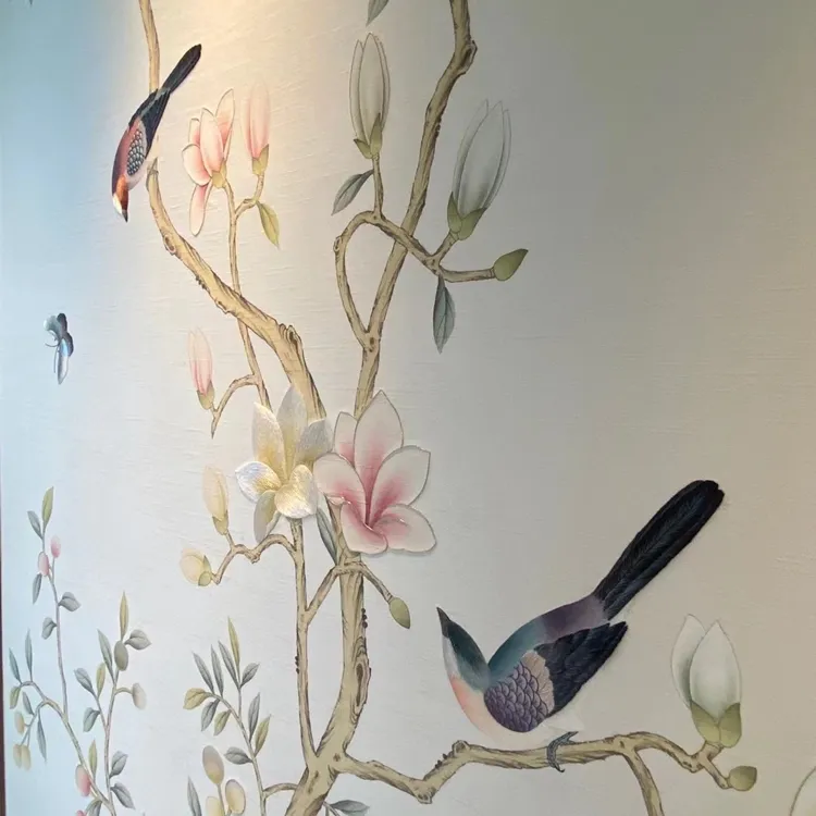 Carta da parati in cineseria di seta dipinta a mano di lusso dipinta a mano disegno di uccelli di fiori di magnolia per soggiorno