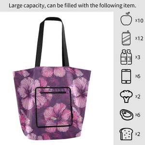 Borsa della spesa a spalla impermeabile di ibisco <span class=keywords><strong>viola</strong></span> Hawaii borsa della spesa riutilizzabile borsa della spesa pieghevole personalizzata per le donne - Product Image 4