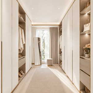 Dressing intégré moderne sur mesure avec zones de suspension, rangements à tiroirs, meuble-lavabo intégré et support pour croquis - Product Image 6