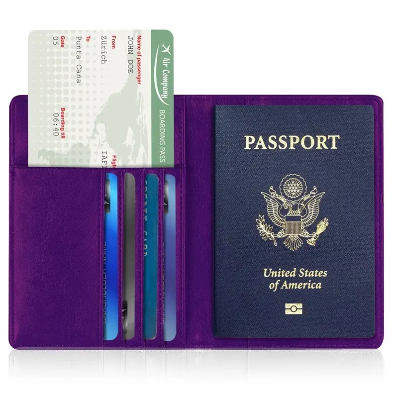 Carteira para passaporte em couro, logotipo personalizado, pu, porta-passaporte, capa com bloqueio rfid, cartão de couro falso, organizador de documentos de viagem