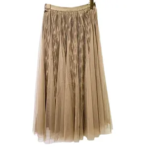 Women Elegant Tulle Long Pleated Skirt A-line Tutu Lace Mesh Skirt