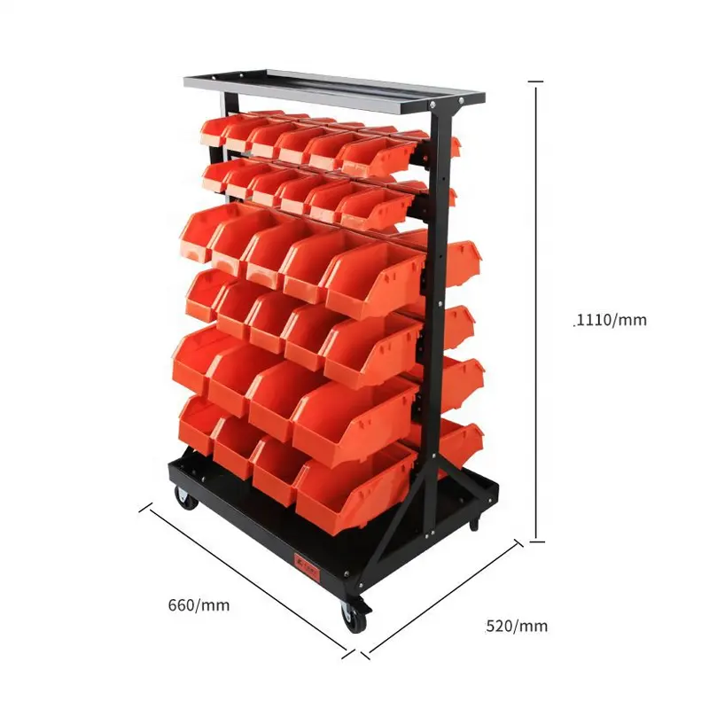 Contenitori portaoggetti mobili in plastica su entrambi i lati rack sospesi su rotaia in metallo per hardware, strumenti e artigianato