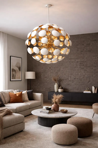 Lustre moderne de style Mid-Century en laiton, design Pissenlit Sputnik, suspension de style Stilnovo italien avec disque blanc, luminaire de plafond - Product Image 3