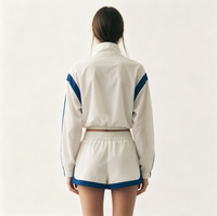 Ensemble de survêtement zippé color block blanc et bleu pour femme, col montant, manches longues, tenue de sport deux pièces, mode été