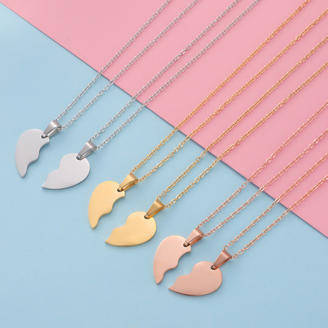 Engravable Blank Mirror Polished Stainless Steel Necklace Valentine's Day Gift Half Heart Shape Necklace for Couple