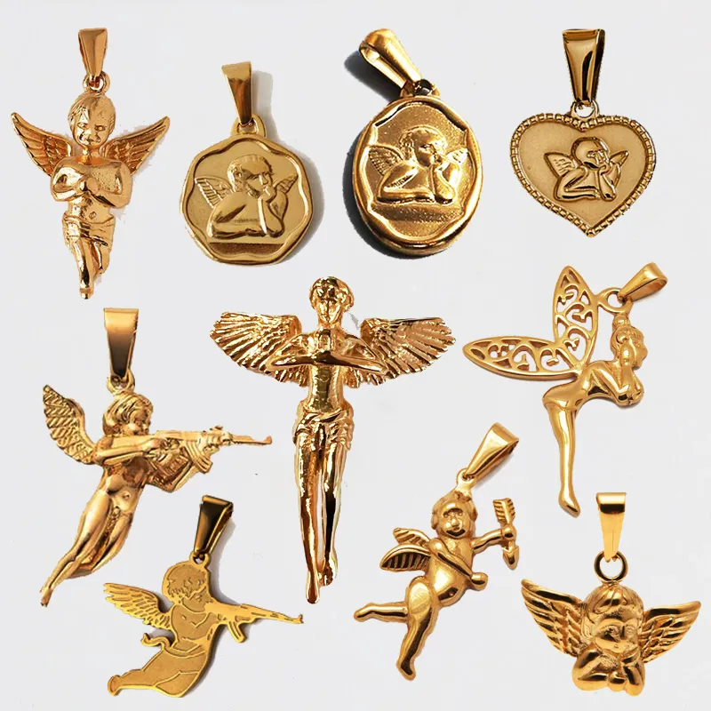 In Stocks 18k Gold Plated Cupid Pendant Stainless Steel Hot Compass Pendants Cherub Angel Wing Jewelry Baby Angel Gun Pendant
