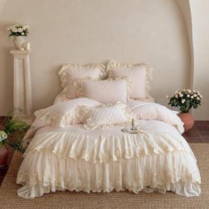 Housse de <span class=keywords><strong>couette</strong></span> en dentelle de style princesse, broderie rose, velours pour bébé, textiles de maison, <span class=keywords><strong>hiver</strong></span> chaud, volants, ensemble de literie 4 pièces, fournisseur - Product Image 1