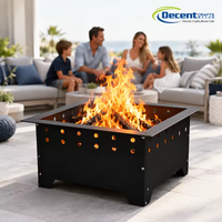 Brasero carré en bois, en métal noir mat découpé au laser avec motif circulaire, quatre pieds, pour patio et jardin, brasero extérieur en fer