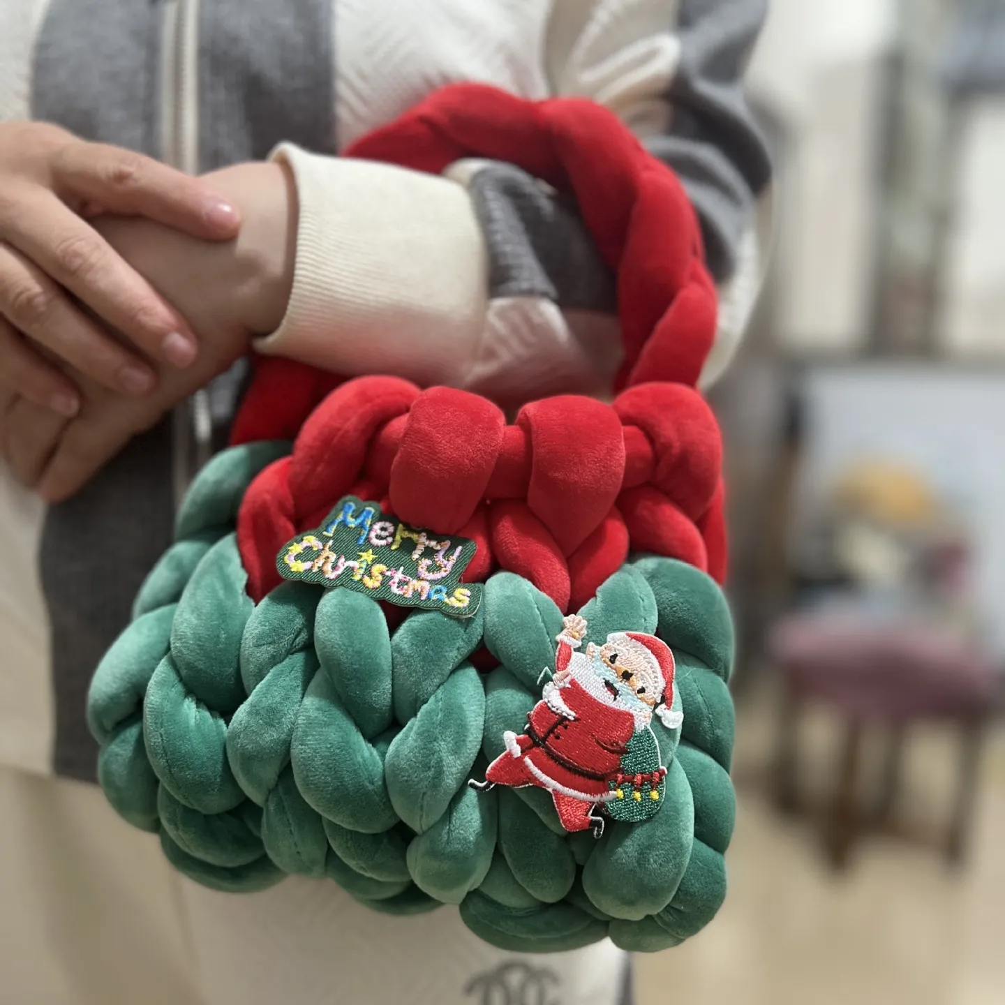 Personalizado de punto grueso pequeño hecho a mano de Navidad trenzado cubo tejido a mano bolsas de ganchillo para las mujeres