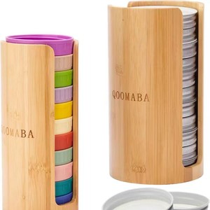 Qoomaba Wooden Lid Storage Box Round <b>Bamboo</b> Cup Organizer Desktop <b>Container</b> For Mason Jar Lids 10 Pcs Set - Product Image 1