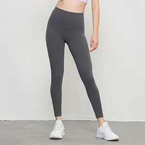 Grosir kualitas tinggi Logo kustom kebugaran Gym ketat tanpa garis depan mulus lembut pinggang tinggi Yoga celana legging wanita