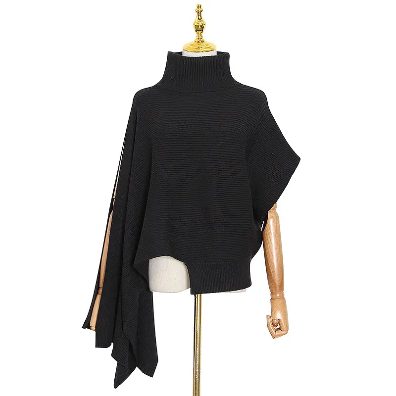 New fashion women's high neck bat sleeve sweater dress loose shawl style irregular solid color sweaters