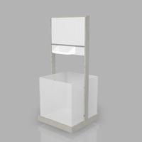 Présentoir de sol pour magasin avec cadre imitation bois et bac en acrylique dépoli, avec en-tête signalétique