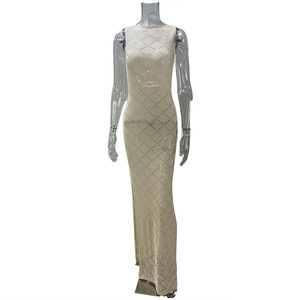 Vestido sin mangas de cuello alto de <span class=keywords><strong>dos</strong></span> <span class=keywords><strong>colores</strong></span> Lados divididos Ahueca hacia fuera <span class=keywords><strong>Crochet</strong></span> Beach Cover Ups Vestido maxi de punto - Product Image 4