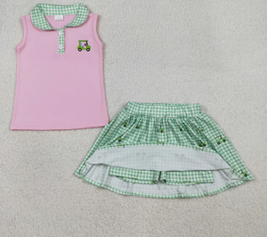 Ensembles de vêtements pour bébés garçons et filles, broderie, motif camion de golf, haut vert à carreaux, jupe-short - Product Image 5