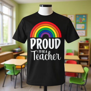 T-shirt arc-en-ciel « Fier d'être professeur » noir unisexe pour adulte, col rond, manches courtes - Product Image 2