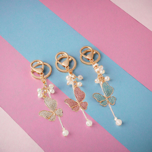 Llavero Portamonedas para Niñas Estilo Dibujos Animados, Diseño de Mariposa con Pedrería y Perlas, Aleación Decorativa, Forma 3D Troquelada, para Mochilas Escolares - Product Image 2